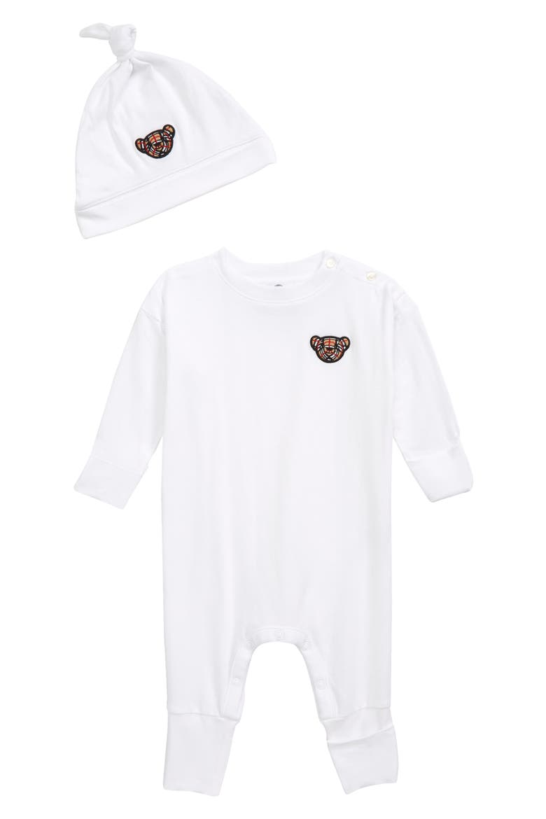 Thomas Bear Appliqué Stretch Organic Cotton Romper & Hat Set, Main, color, WHITE