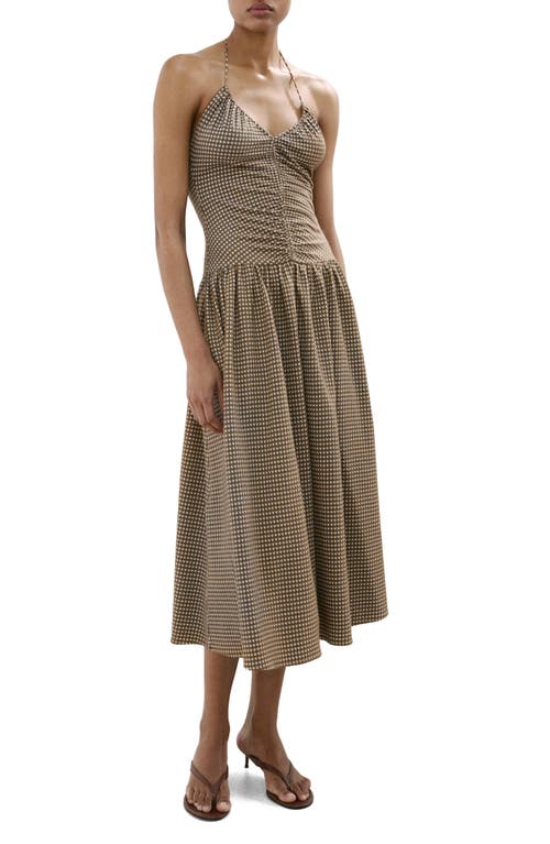 Mango Check Ruched Halter Neck Midi Dress In Brown