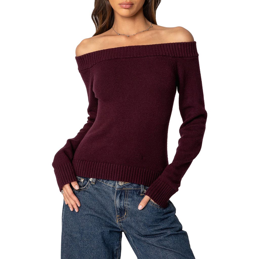 Shop Edikted Elona Off The Shoulder Long Sleeve Knit Top In Burgundy