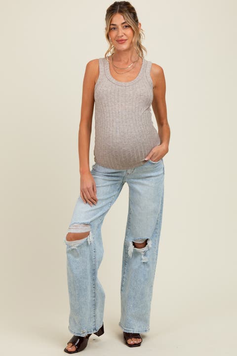 Blue Distressed Open Knee Wide Leg Maternity Jeans