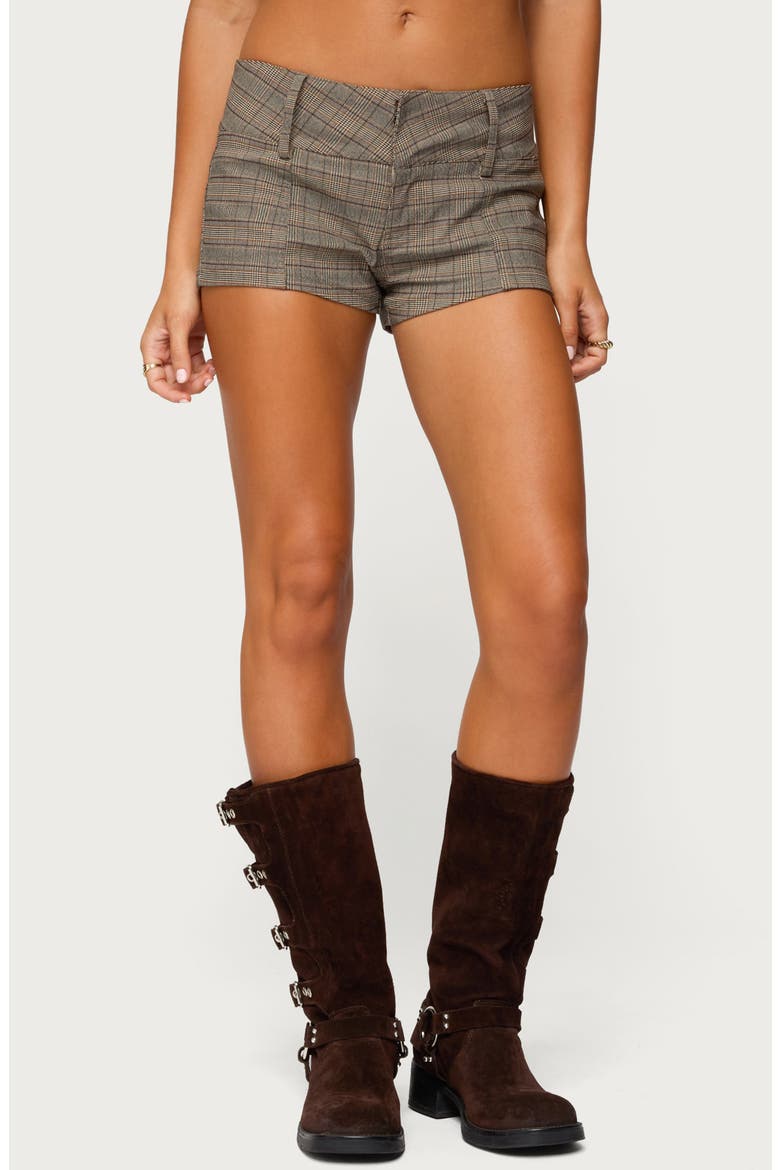 Ayvey Plaid Low Rise Shorts, Main, color, BROWN