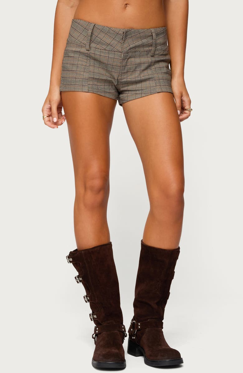 EDIKTED Ayvey Plaid Low Rise Shorts, Main, color, Brown