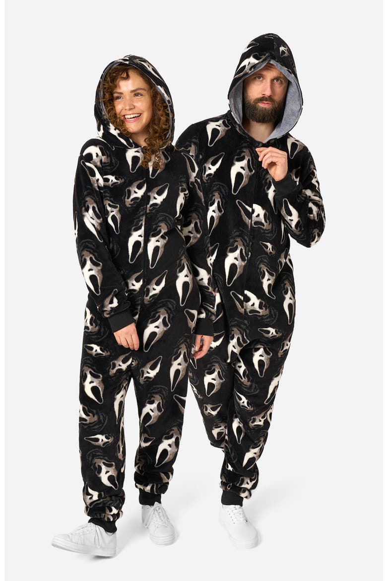 Ghostface Hooded Fleece Jumpsuit, Alternate, color, BLACK