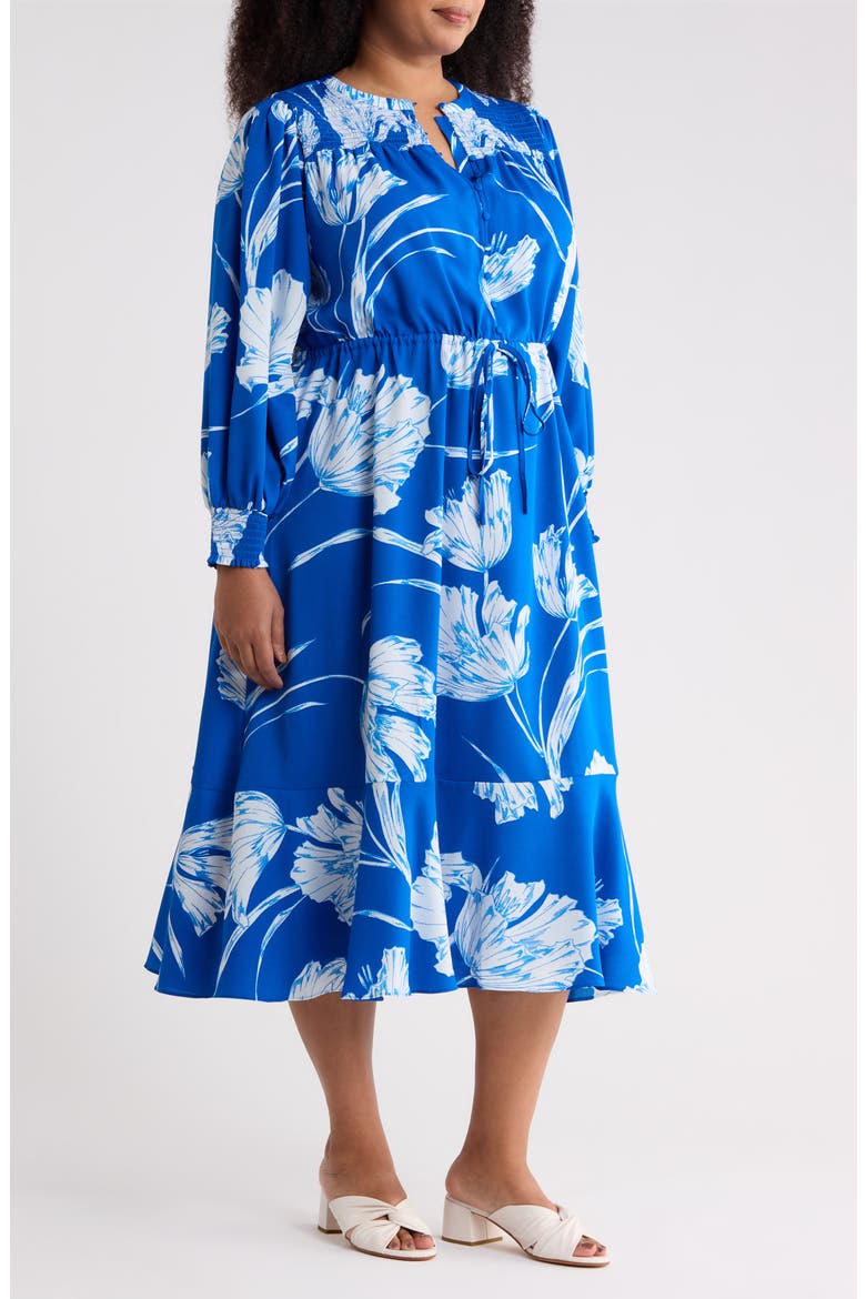 Amanlia Floral Keila Long Sleeve Smocked Yoke Midi Dress, Alternate, color, BLUE-WHITE