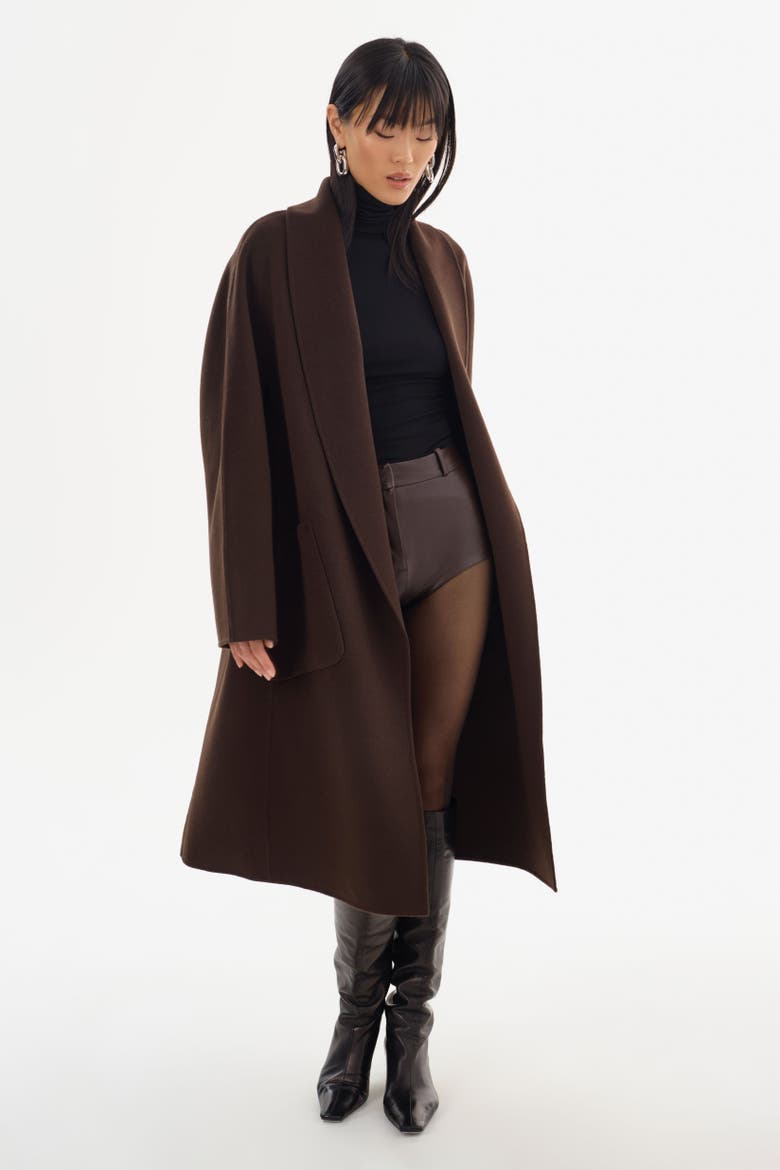 THARA | Shawl Collar Wool Coat, Alternate, color, Dark Brown