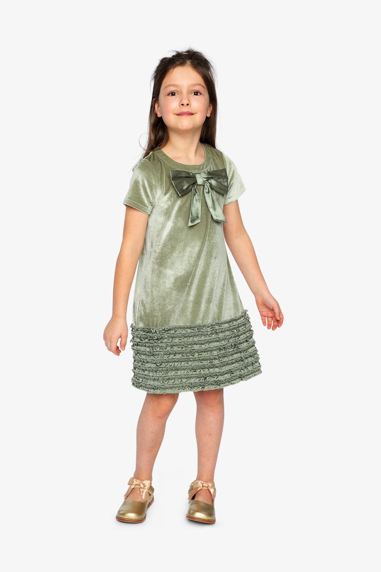 Short Sleeve Bow Detail Textured Bottom A-Line Dress, Alternate, color, Greyish Green
