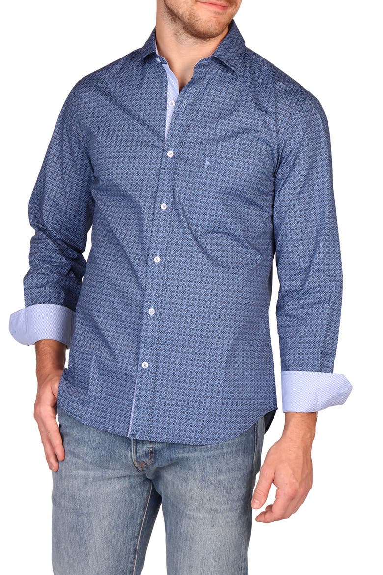 Geo Print Performance Button Down Shirt, Main, color, BLUE