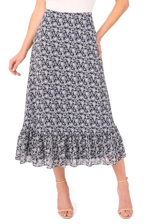 Cece Floral Ruffle Hem Midi Skirt In Blue