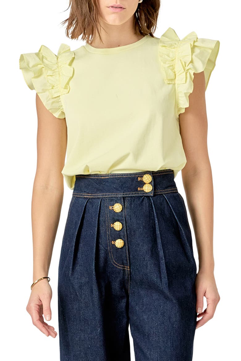 Ruffle Sleeve Mix Media Cotton Top, Main, color, BUTTER YELLOW