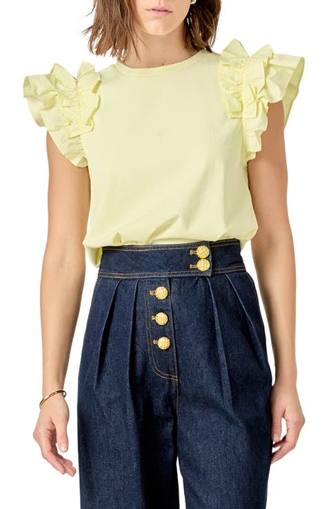 Ruffle Sleeve Mix Media Cotton Top