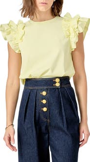 English Factory Ruffle Sleeve Mix Media Cotton Top