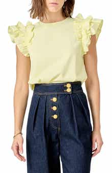 English Factory Ruffle Sleeve Mix Media Cotton Top