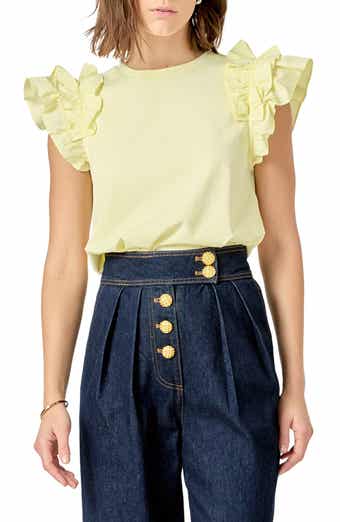 English Factory Ruffle Sleeve Mix Media Cotton Top