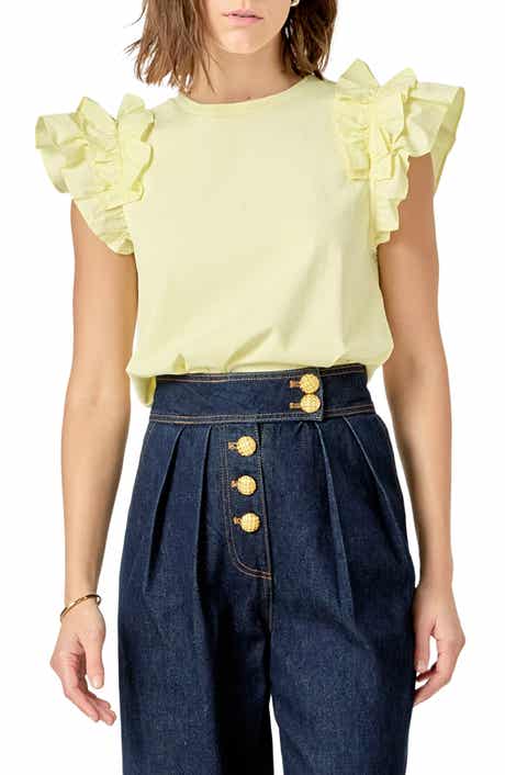 English Factory Ruffle Sleeve Mix Media Cotton Top