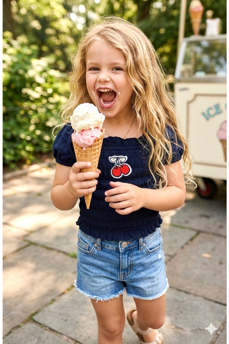 Kids' Smocked Puff Sleeve Top, Alternate, color, NAVY