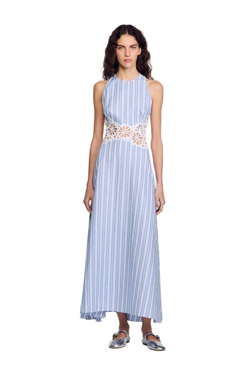 Sandro Womens Bleus Stripe-print Cut-out Lace Cotton And Linen-blend Midi Dress In Blue