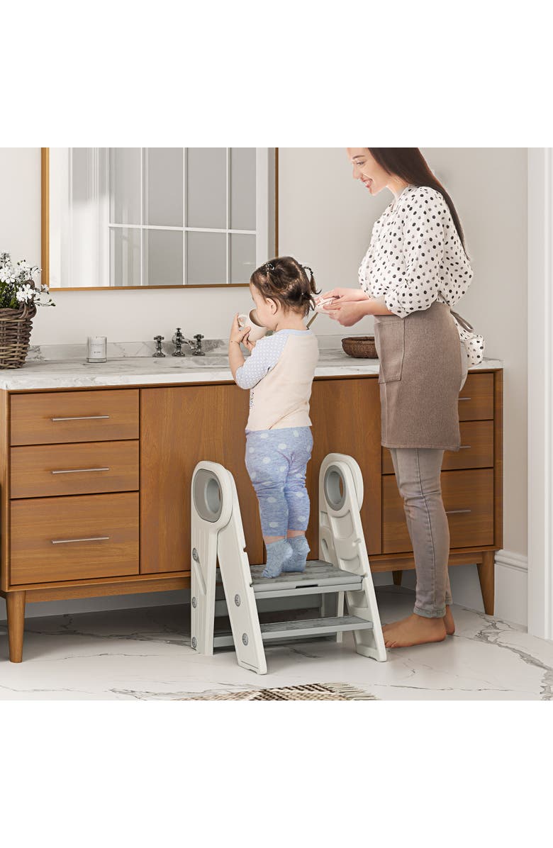 Qaba Foldable Kids Kitchen Stool Helper, 3-Step, Handles, Non-slip, Alternate, color, Gray