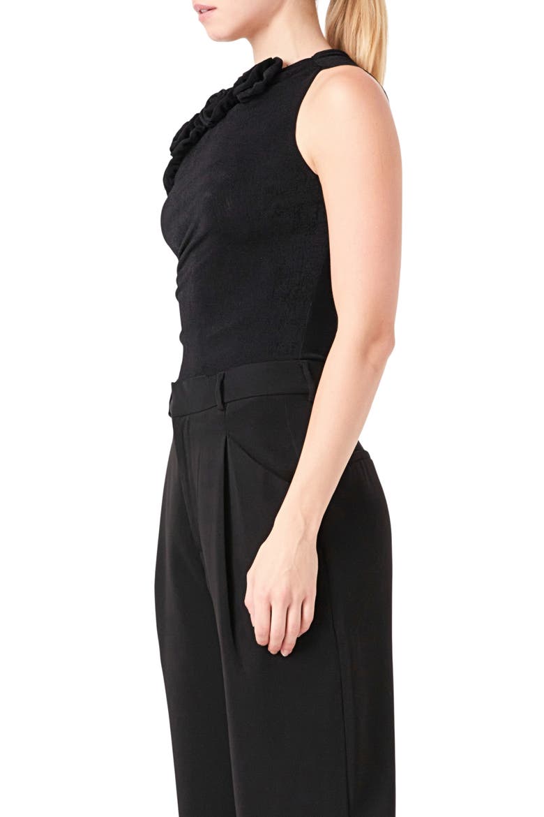 Rosette Detail One-Shoulder Bodysuit, Alternate, color, BLACK