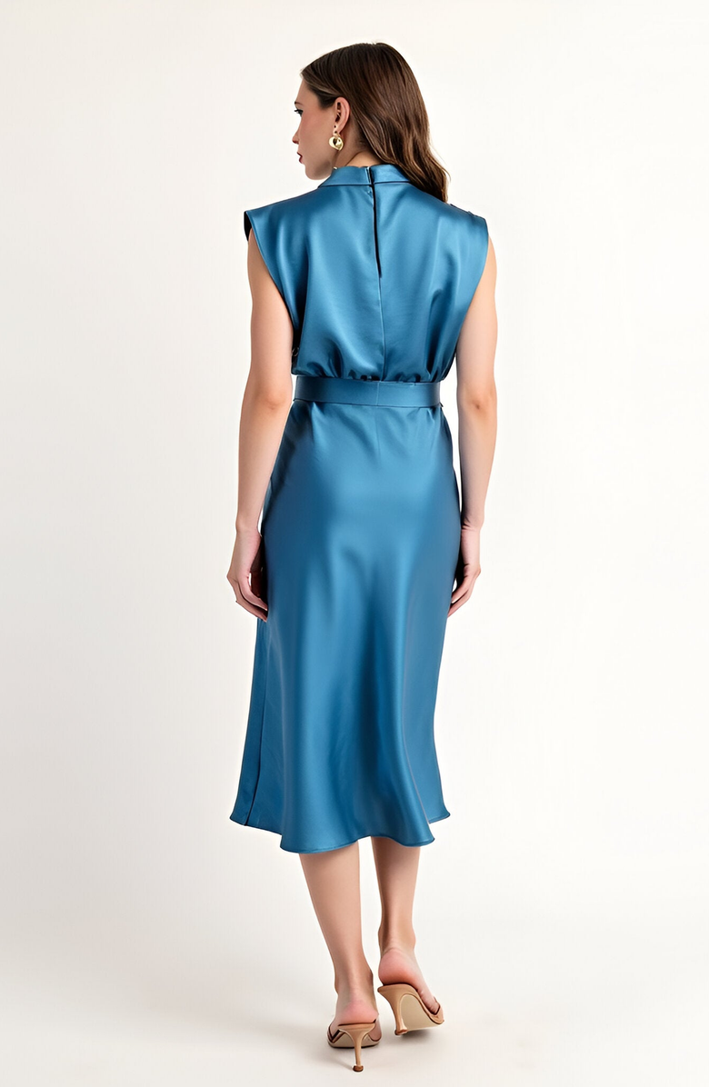 Modenaire Sleeveless Satin Midi Dress with Cowl Neck and Waist Tie Detail, Alternate, color,