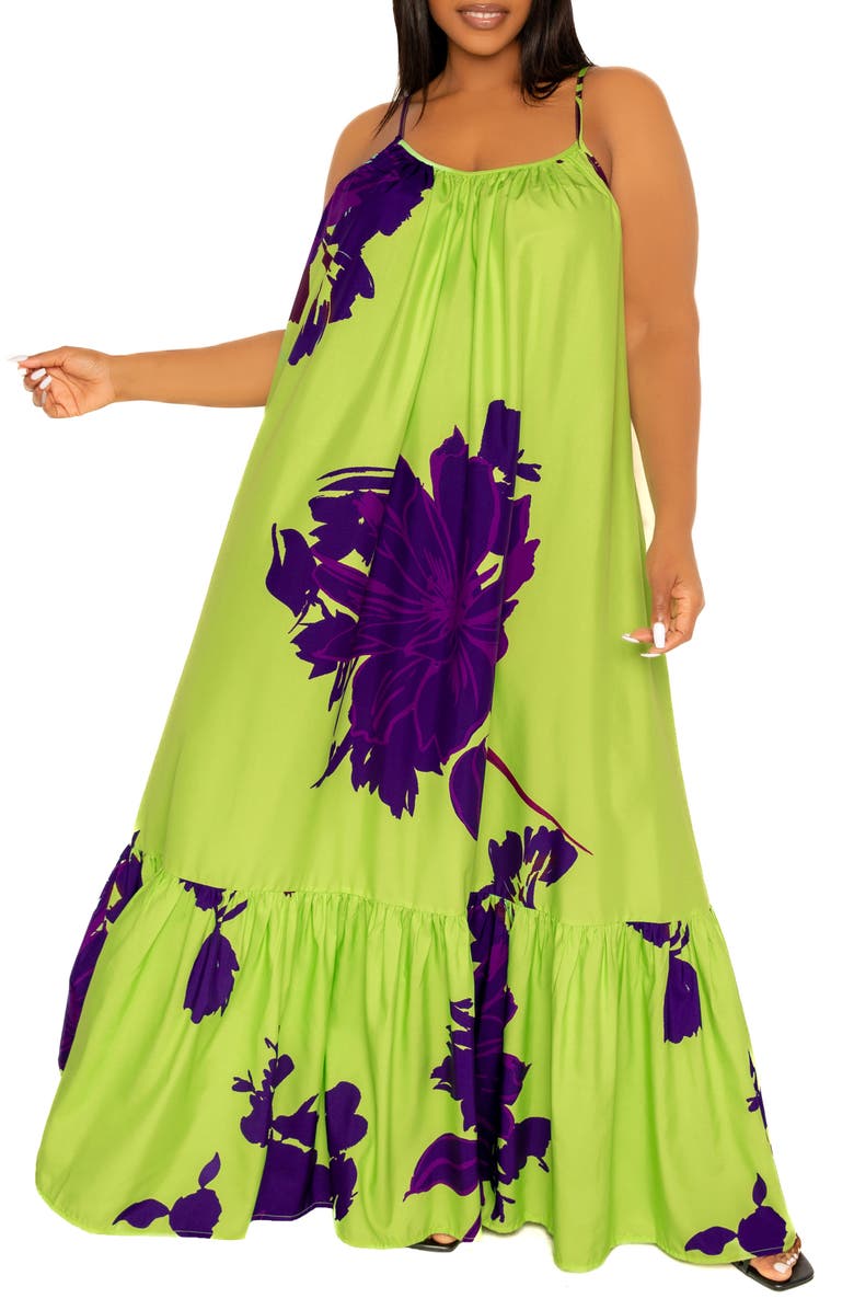 BUXOM COUTURE Floral Print Voluminous Maxi Dress, Main, color, Lime Multi