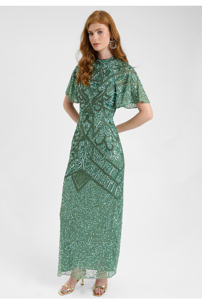 Embellished Sequin Beaded With Short Flutter Sleeves Maxi Dress, Alternate, color, GREEN