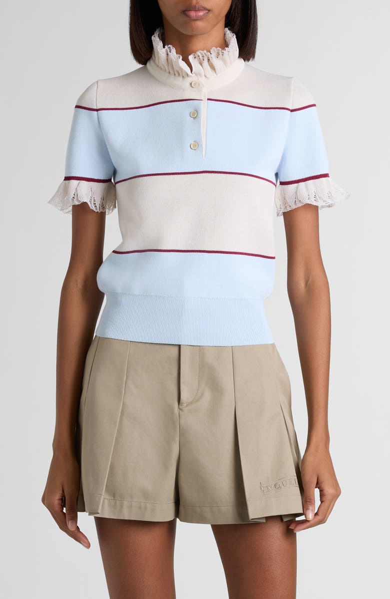 McQueen Lace Ruffle Stripe Polo, Main, color, Shir Blue/ Ivory/ Bord