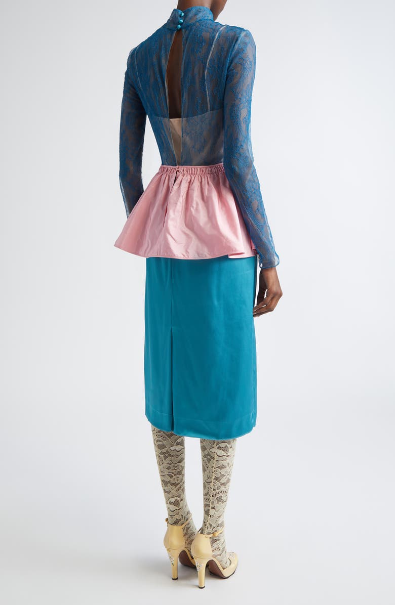 Valentino Long Sleeve Lace & Satin Mock Two-Piece Dress, Alternate, color, Blue/ Red