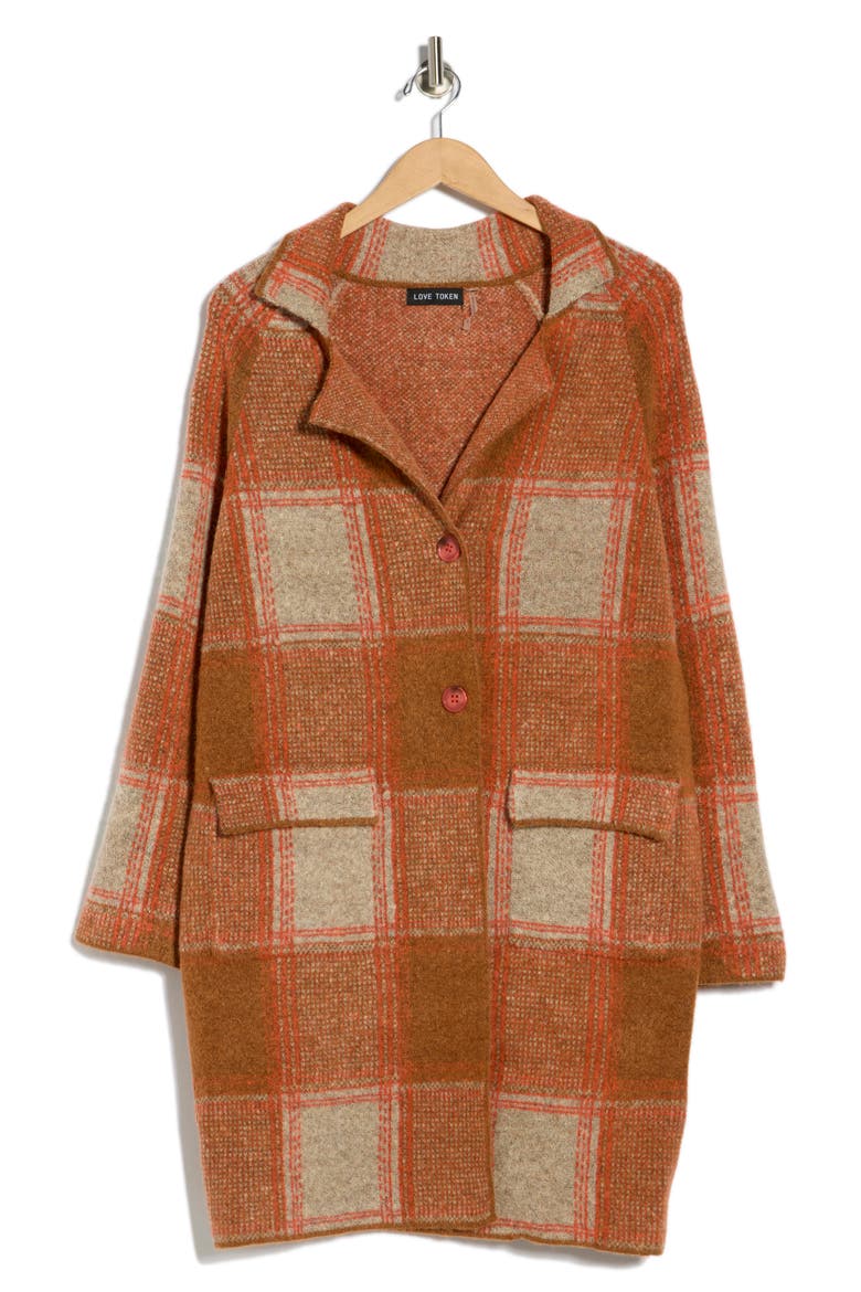 Plaid Longline Cardigan, Alternate, color, ORANGE