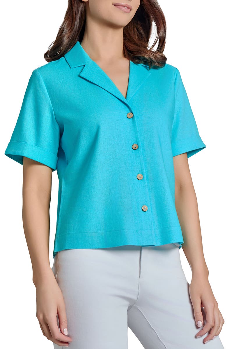 Jones New York Short Sleeve Linen Blend Button-Up Shirt, Alternate, color, 