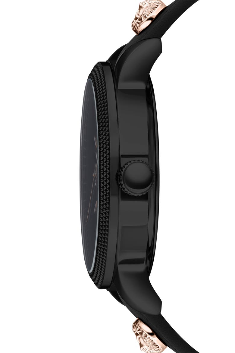 Reale Leather Strap Watch, 44mm, Alternate, color, IP BLACK