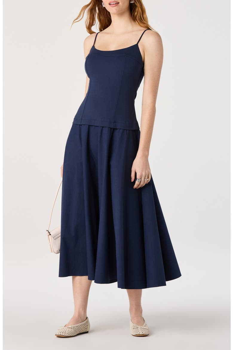 Cierra Mixed Media Fit & Flare Midi Dress, Main, color, NAVY