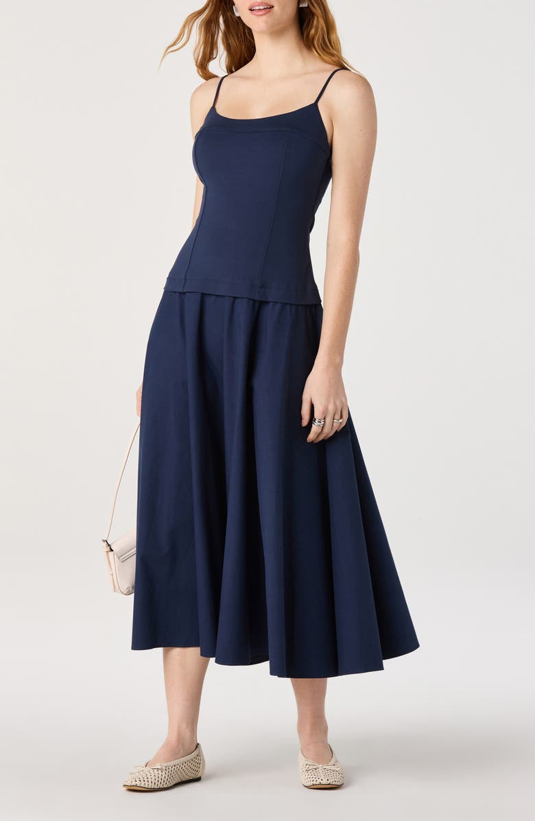 ASTR the Label Cierra Mixed Media Fit & Flare Midi Dress, Main, color, Navy
