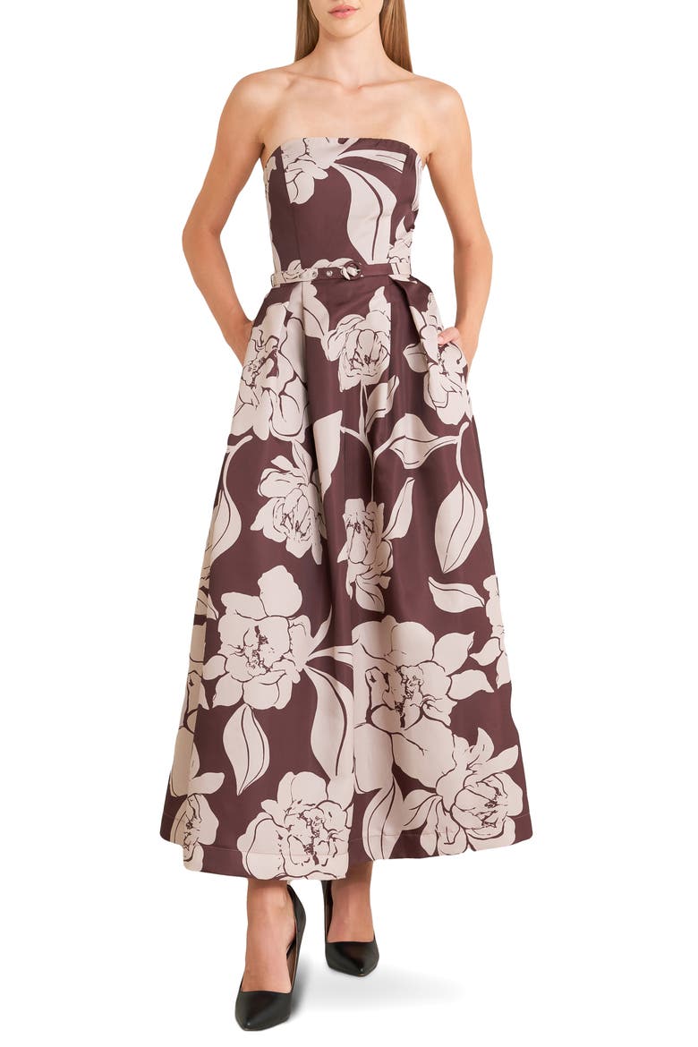 Print Strapless Midi Dress, Main, color, BURGUNDY