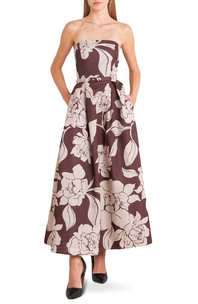 FREEMARKET Print Strapless Midi Dress, Main, color, Burgundy