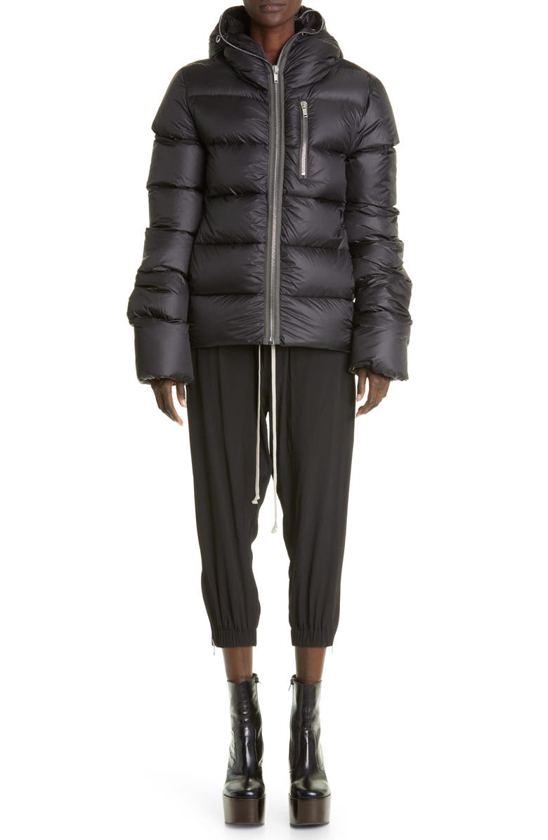 Rick Owens Zip Neck Hooded Down Coat, Alternate, color, 