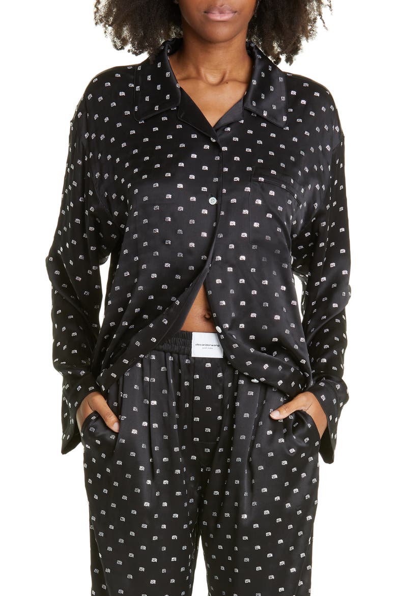 Crytal Logo Silk Pajama Shirt, Main, color, BLACK