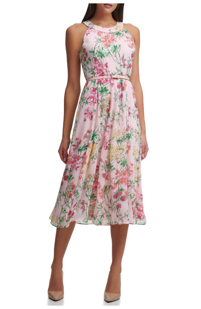 Tommy Hilfiger Sleeveless Diana Floral Chiffon Belted Halter Midi Dress, Main, color, 