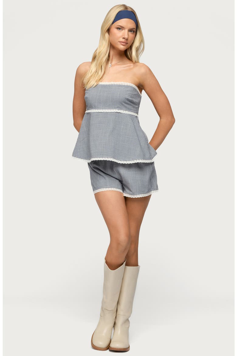 Ellie Gingham Lace Trim Shorts, Alternate, color, WHITE-AND-NAVY