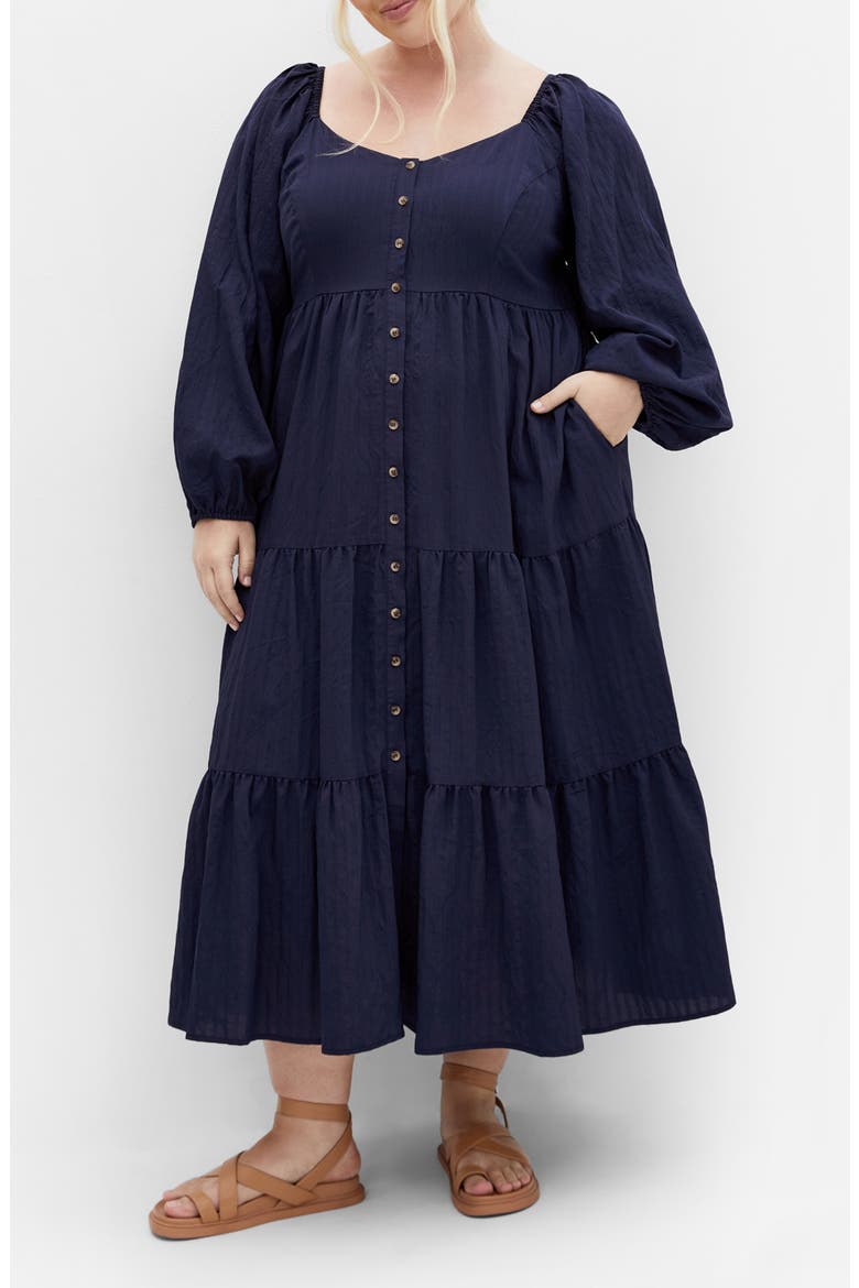 Tiana Long Sleeve Tiered Midi Dress, Main, color, NAVY