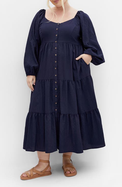 Tiana Long Sleeve Tiered Midi Dress (Plus)