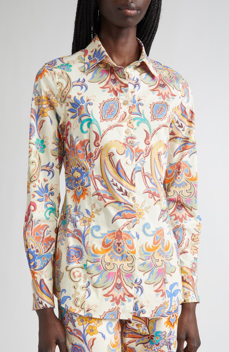Etro Floral Paisley Stretch Poplin Button-Up Shirt, Alternate, color, Stampa F.do Bianco