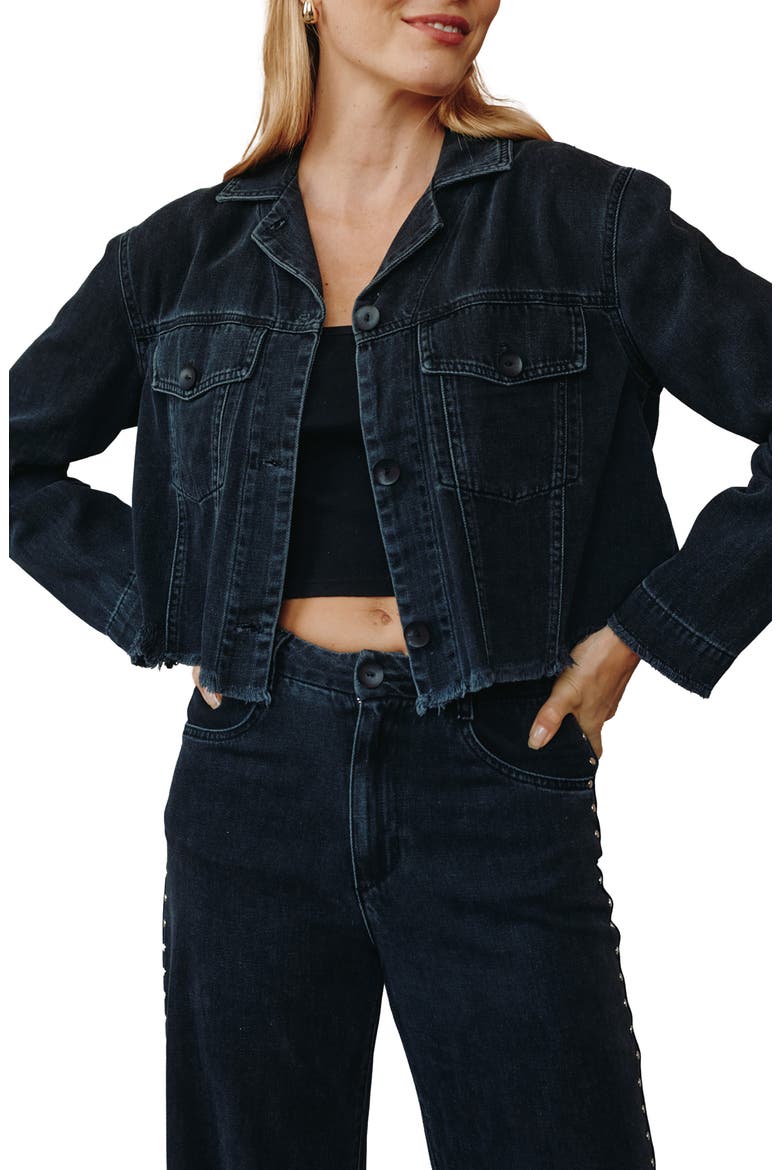 Anya Studded Fringe Trim Denim Jacket, Main, color, MOON SHADOW WASH