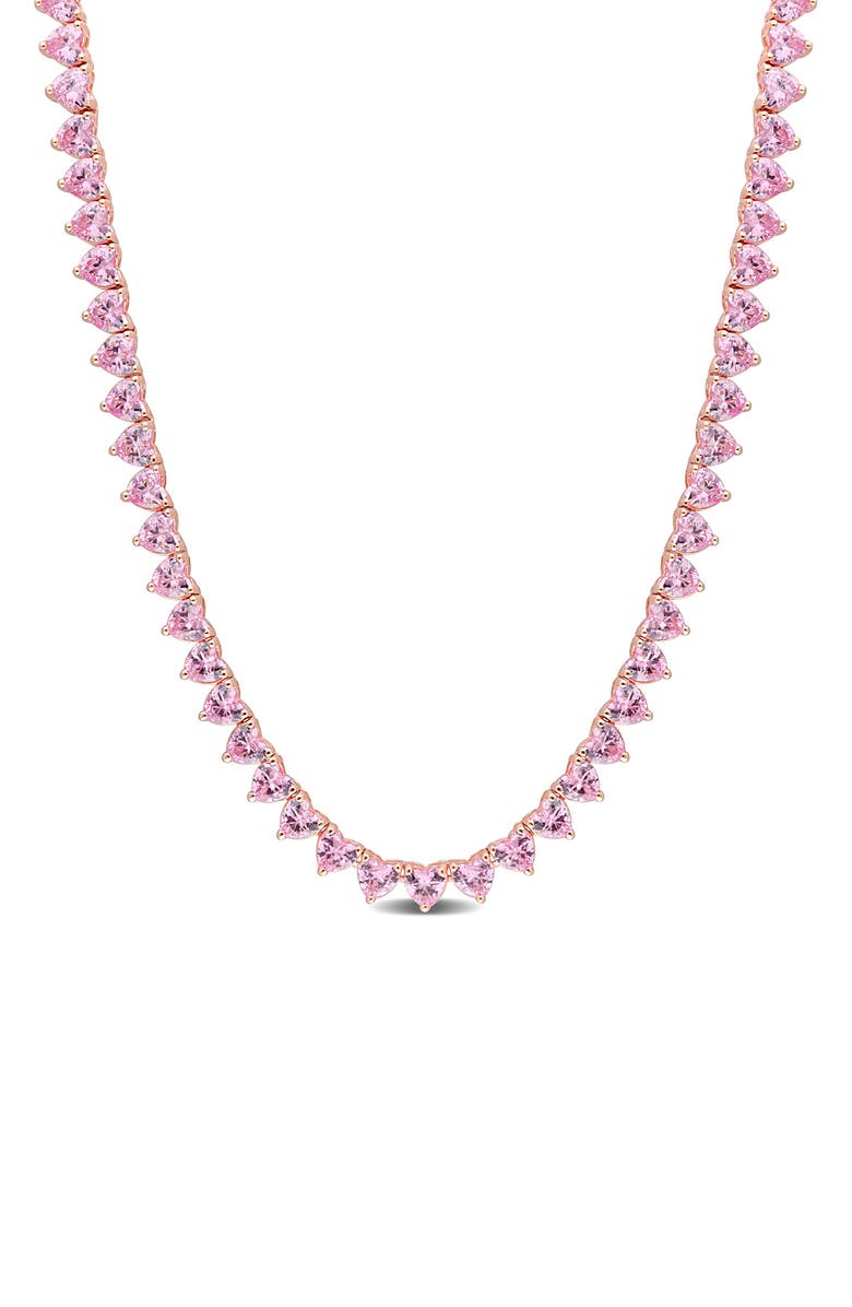 DELMAR Rose Goldtone Plate Sterling Silver Created Pink Sapphire Heart Tennis Necklace, Main, color, 