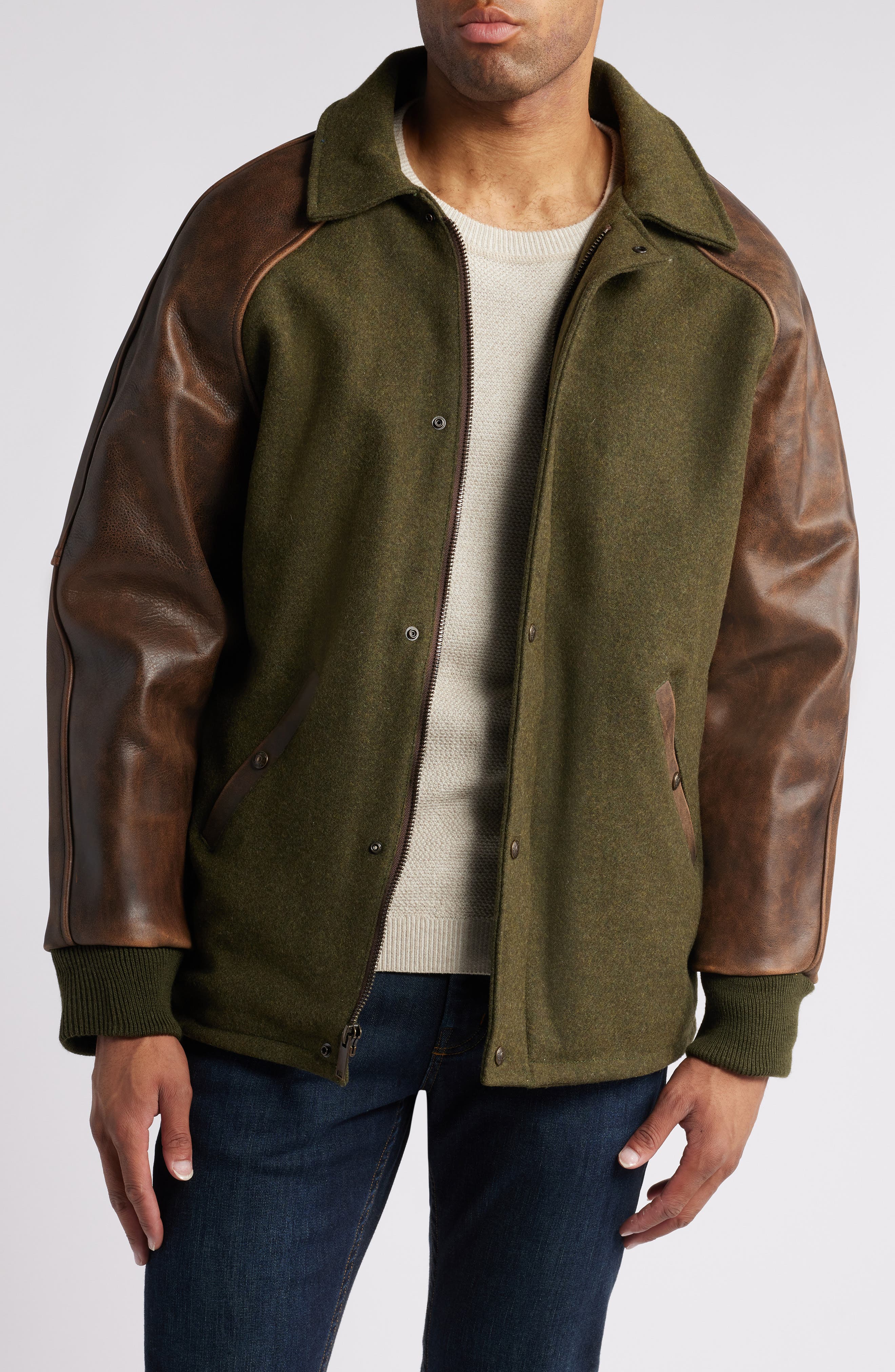 Schott NYC Wool Blend & Leather Coaches Jacket (Men) | Nordstrom