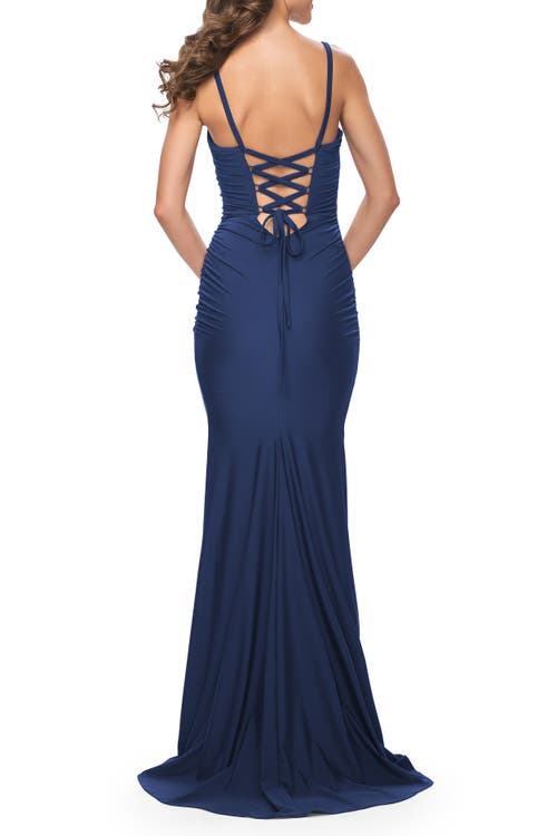 La Femme Simple Ruched Jersey Dress With Lace Up Back In Navy