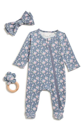 Toby Ditsy Floral Print Waffle Knit Footie, Bow & Teether Set In Blue