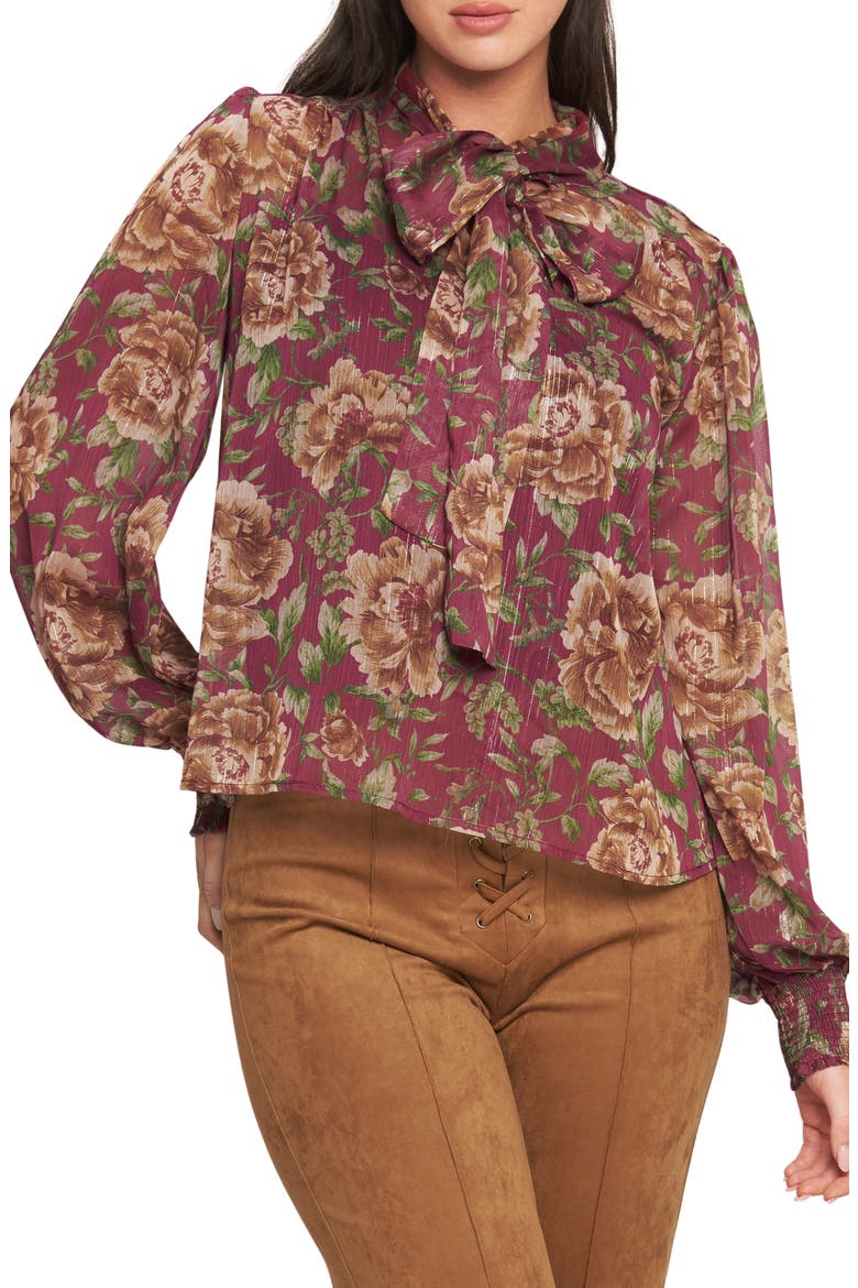 Floral Tie Neck Top, Main, color, BURGUNDY