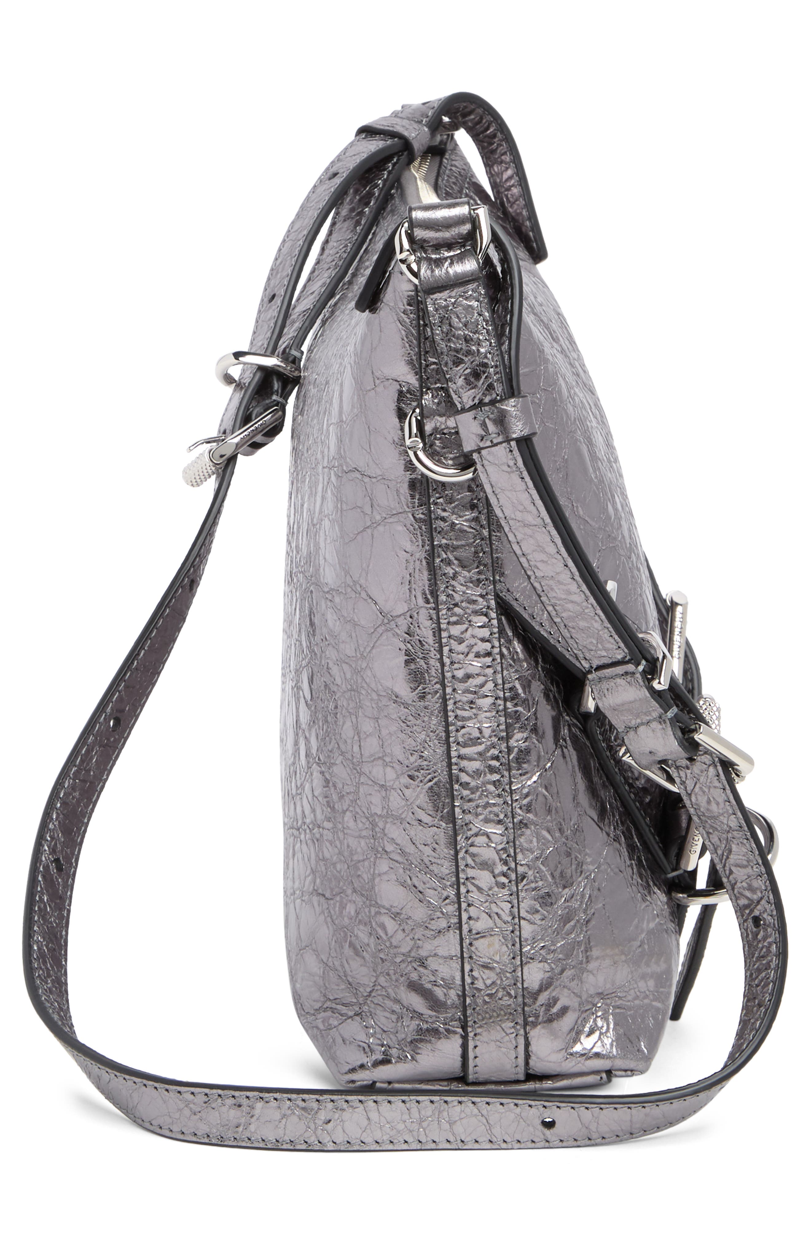 Small Voyou Crinkled Metallic Leather Shoulder Bag, Alternate, color, SILVERY GREY
