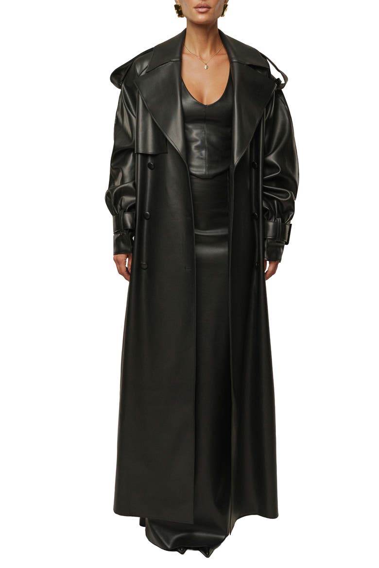 Icon Double Breasted Faux Leather Trench Coat, Alternate, color, BLACK