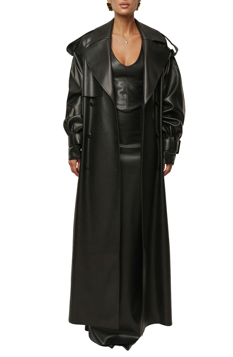 JLUXLABEL Icon Double Breasted Faux Leather Trench Coat, Alternate, color, Black